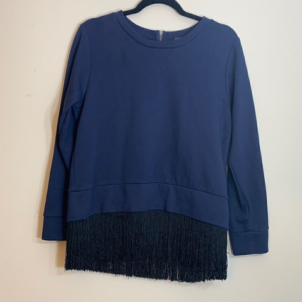 J Crew Womens Navy Pullover Size M Zip Back Bottom Fringe (g1)